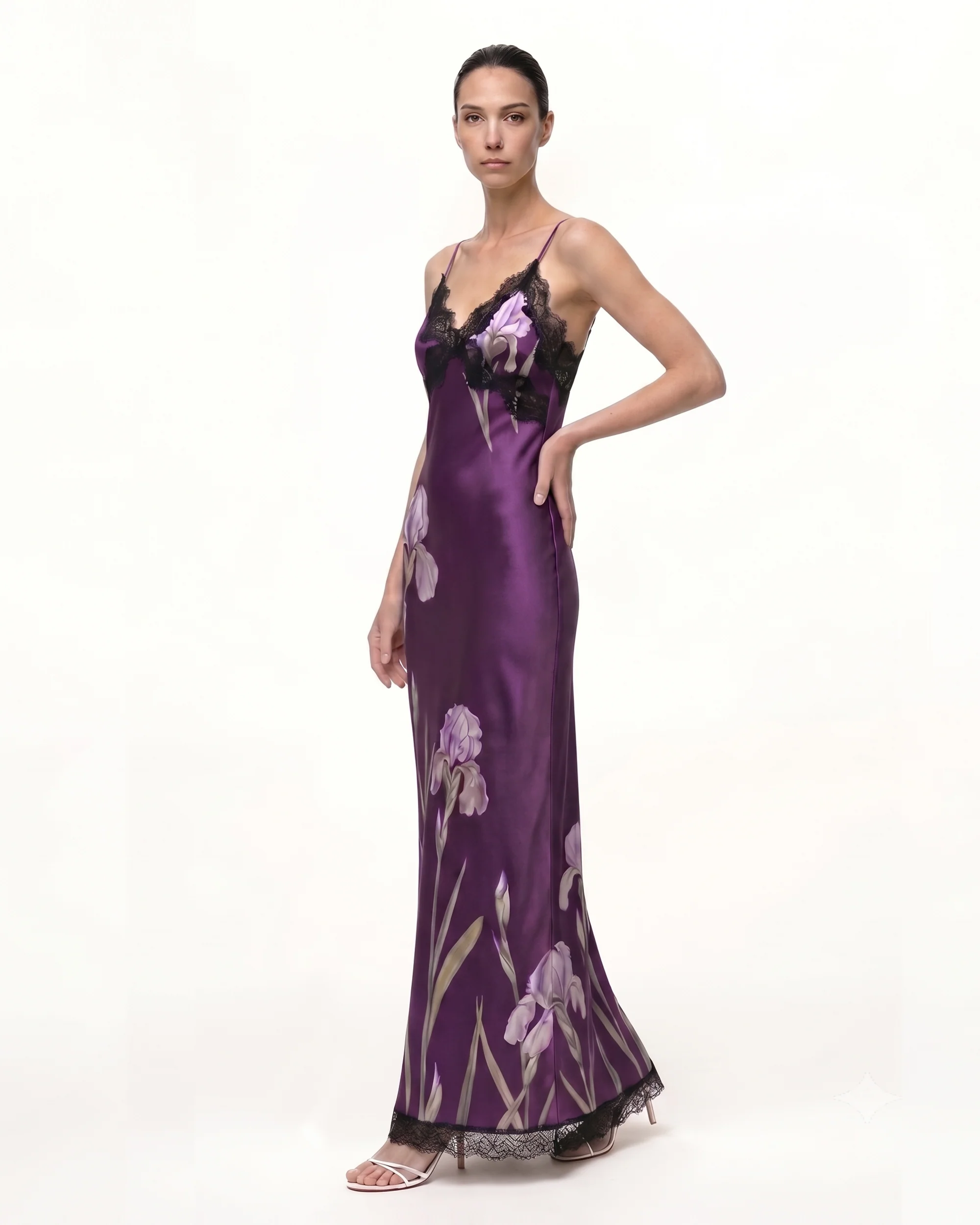 Satin Iris Print Lace Trim Spaghetti Strap Maxi Dress - Purple - Image 2