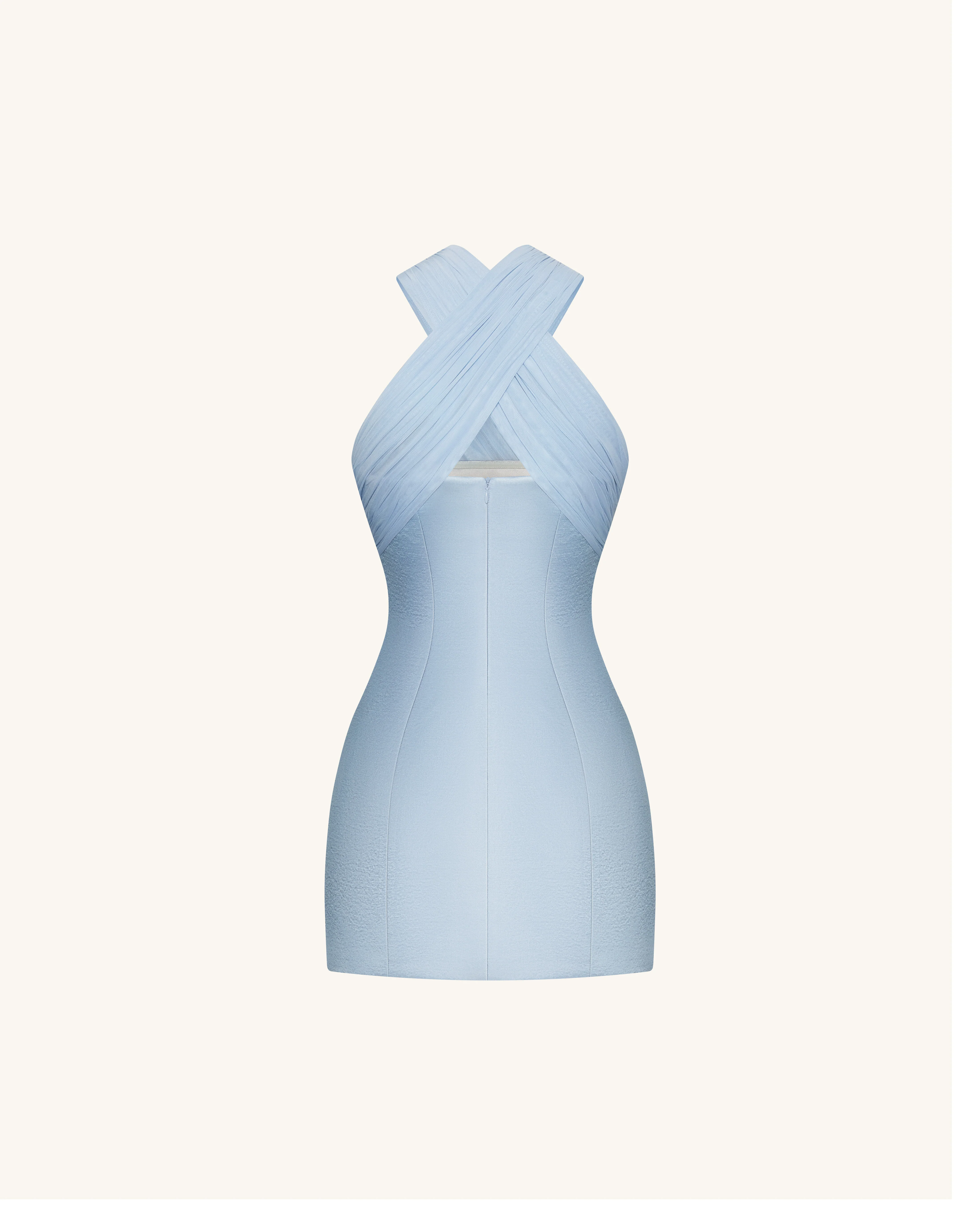 Satin Mini Dress with Tulle Cross-Halter - Blue - Image 3