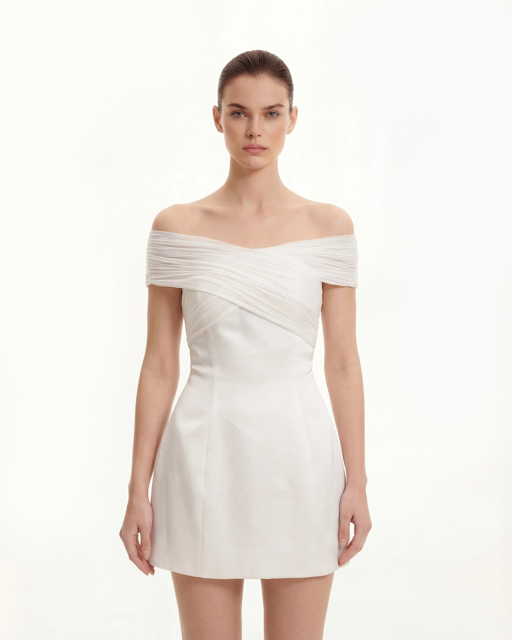 Satin Mini Dress with Tulle Cross-Halter - White - Image 4