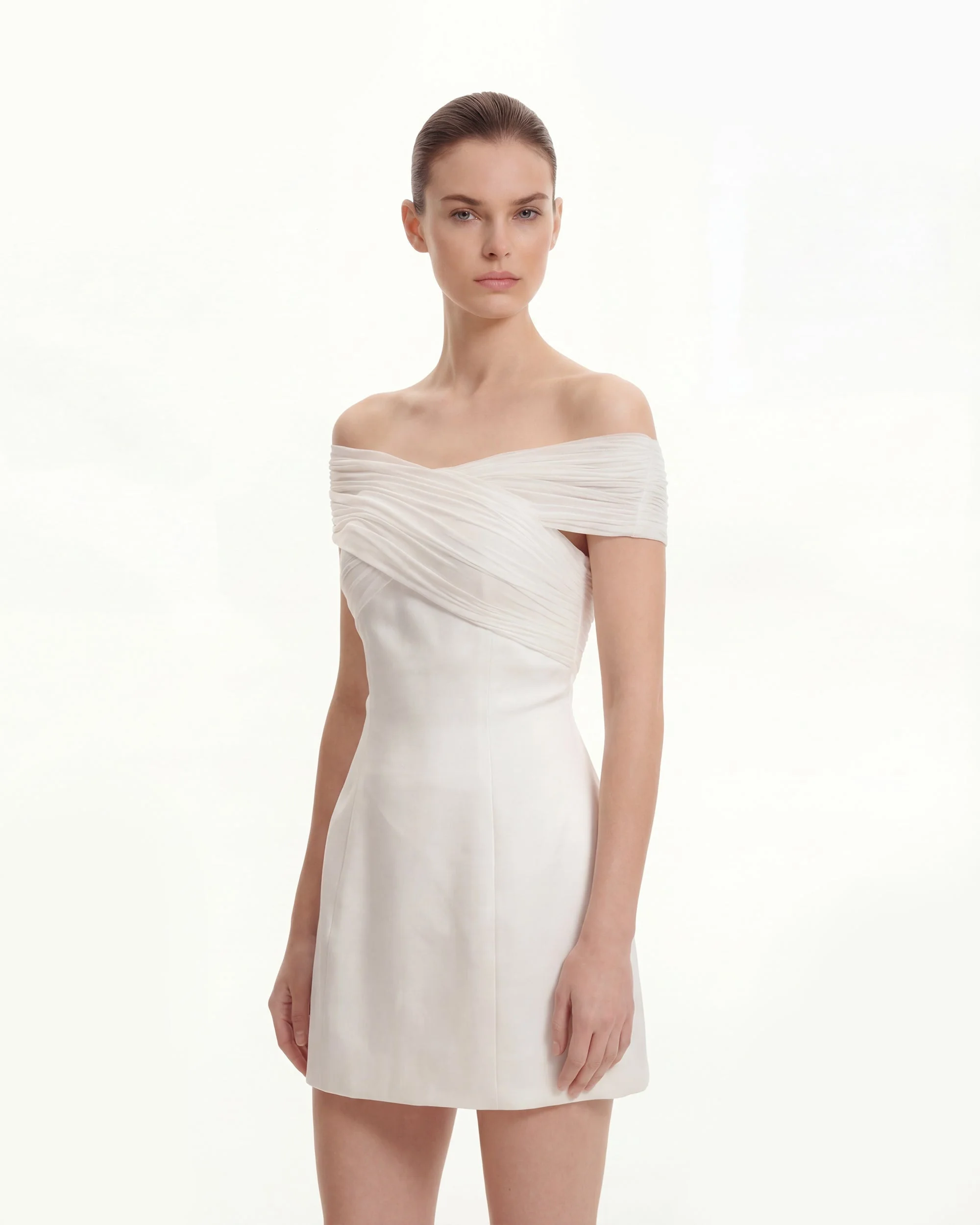 Satin Mini Dress with Tulle Cross-Halter - White - Image 5