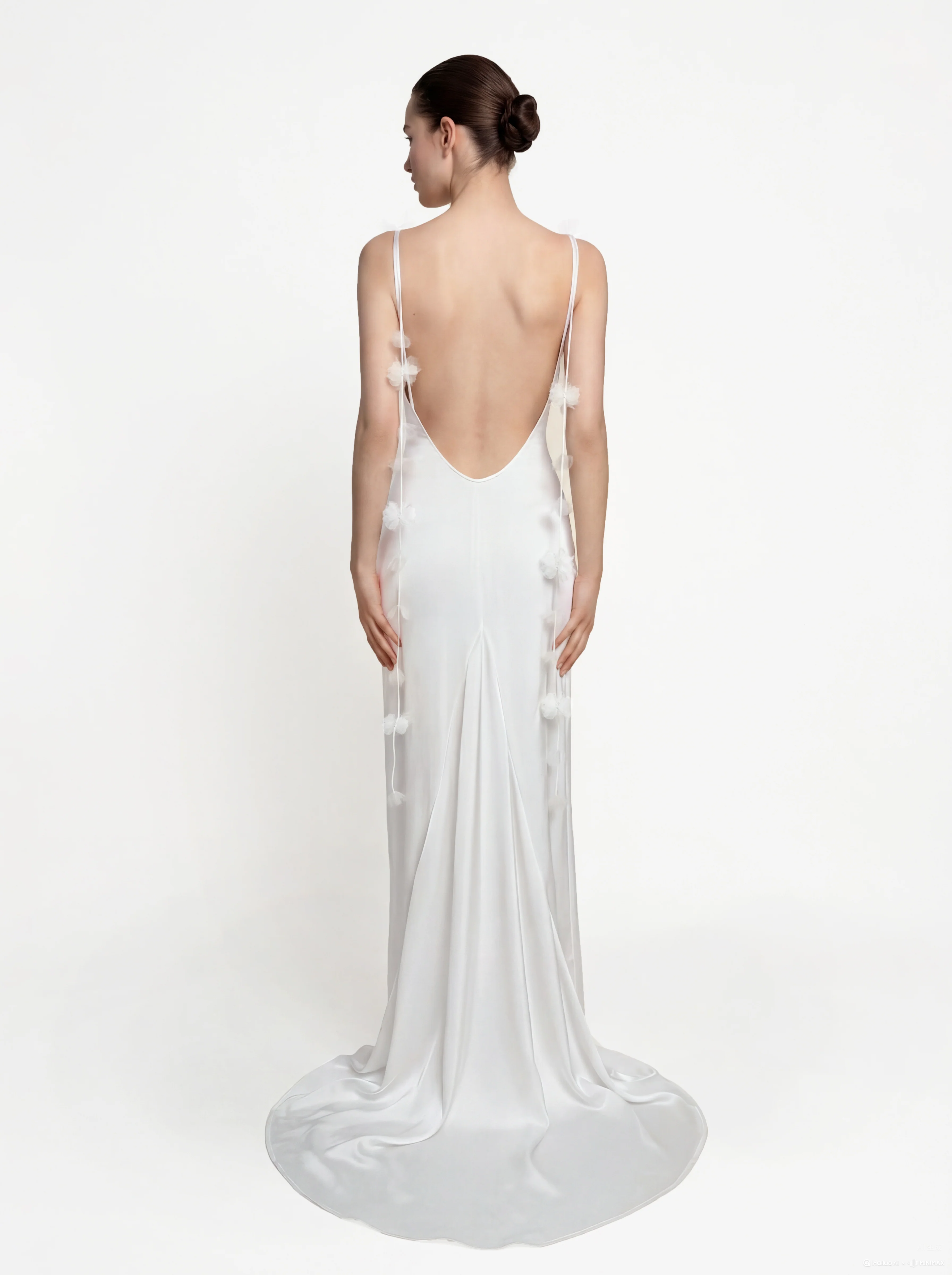 Satin Strappy Maxi Dress with Floral Streamers - White - Image 3