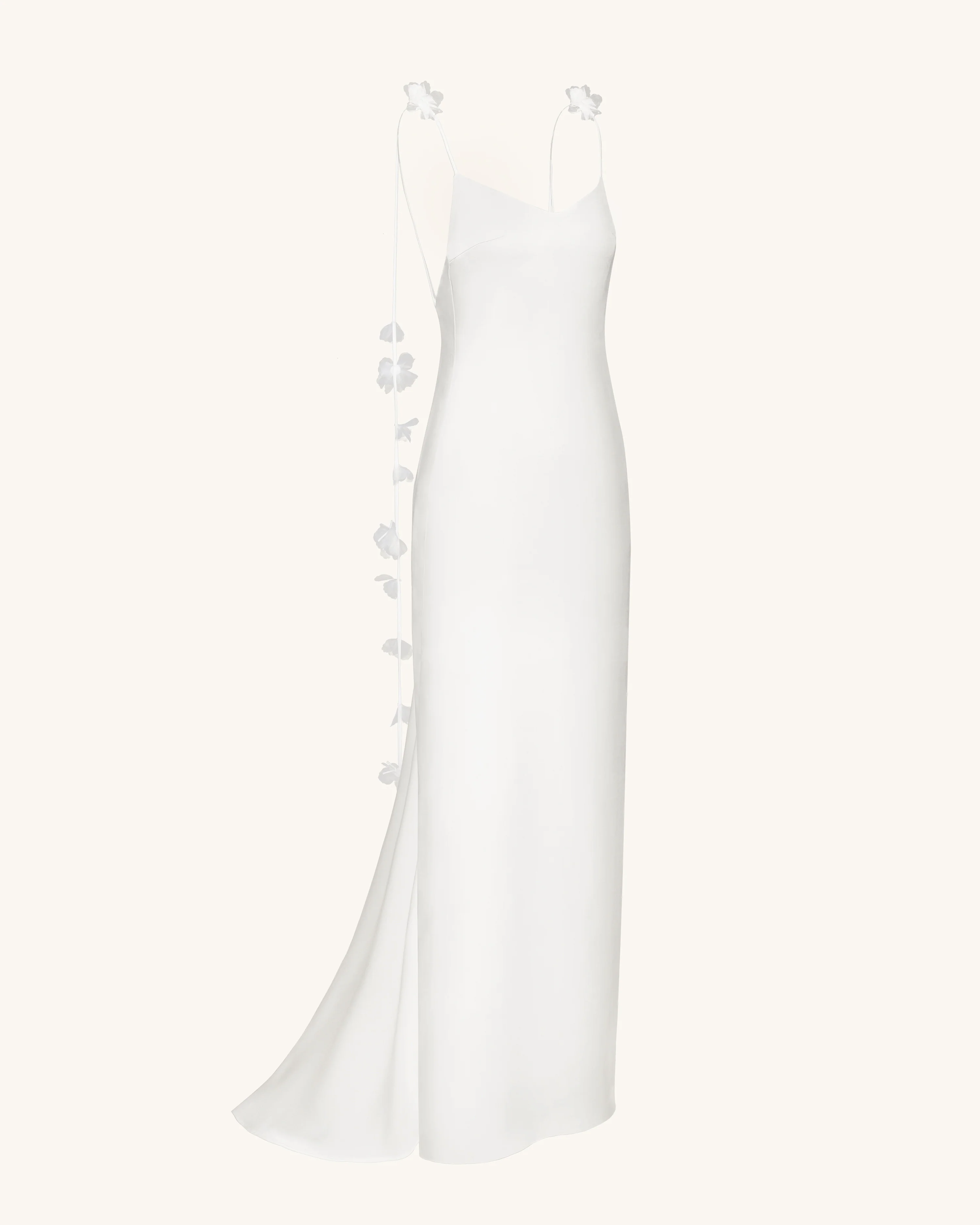 Satin Strappy Maxi Dress with Floral Streamers - White - Image 5