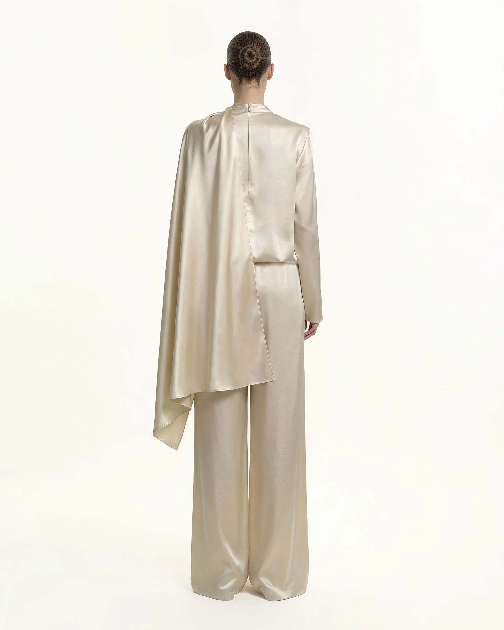 Satin Wide-Leg Trousers - Cream - Image 3