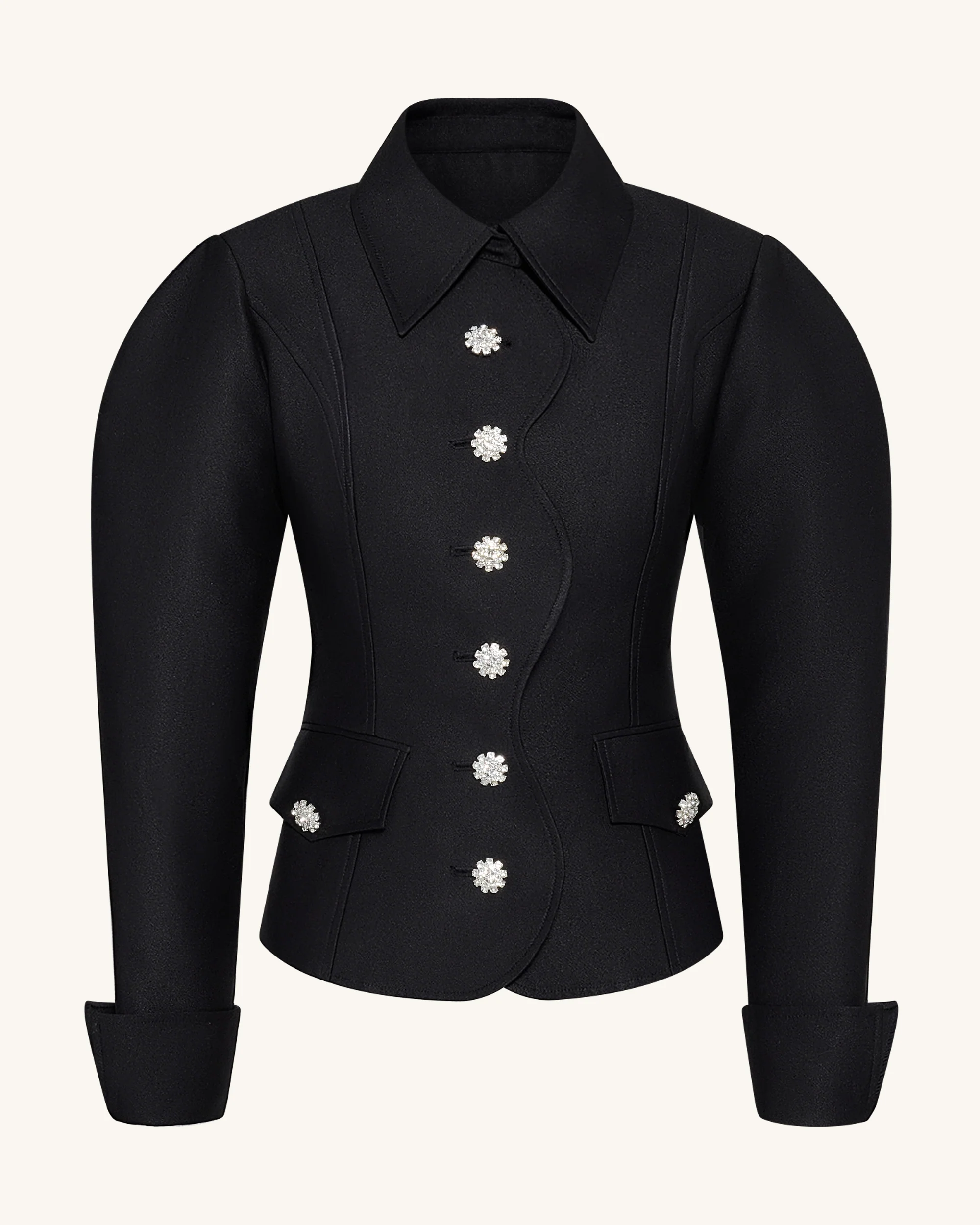 Scalloped Placket Leg of Mutton Blazer - Black - Image 2