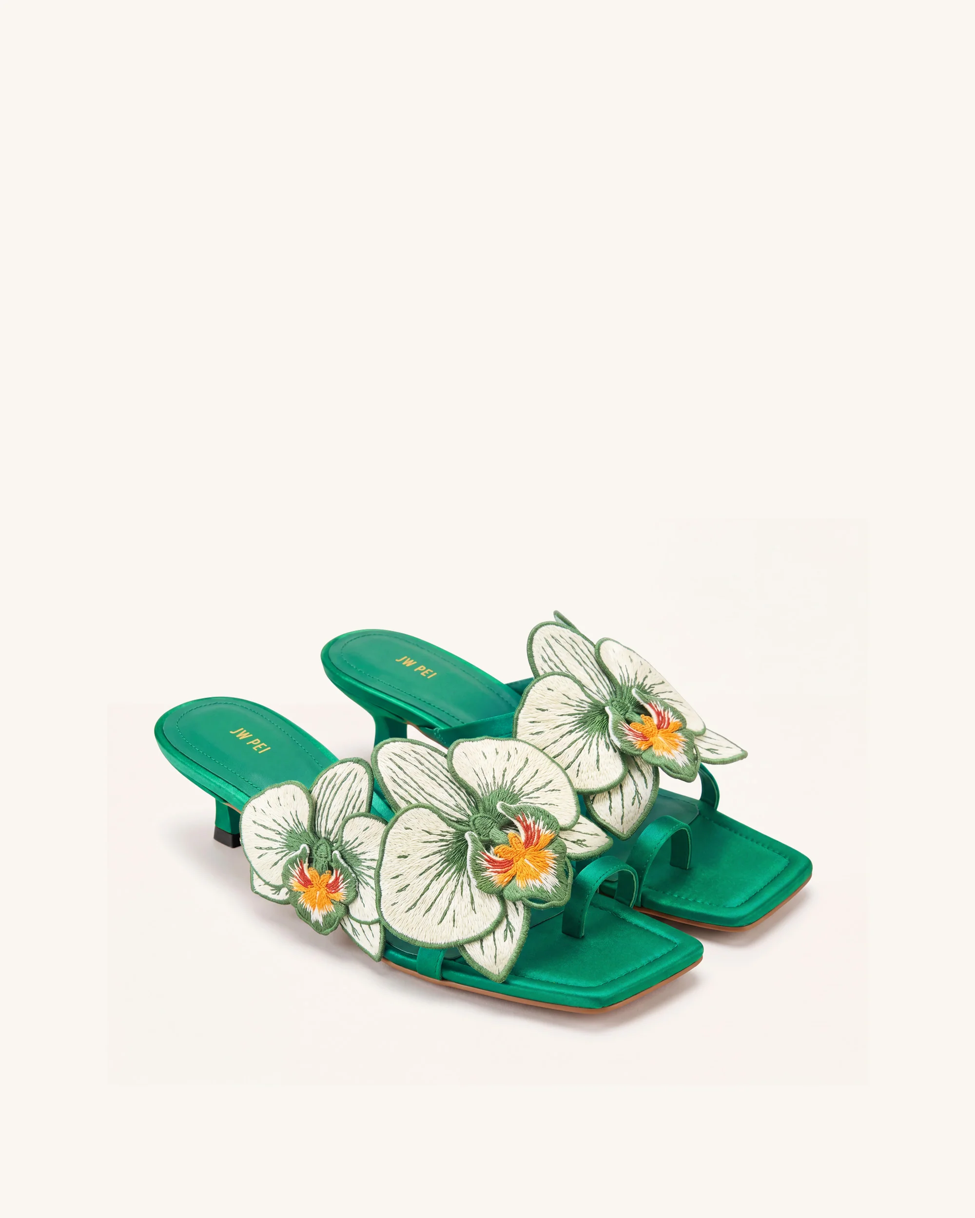 Serena Orchid Embroidered Toe Ring Heeled Sandals - Emerald Green - Image 2