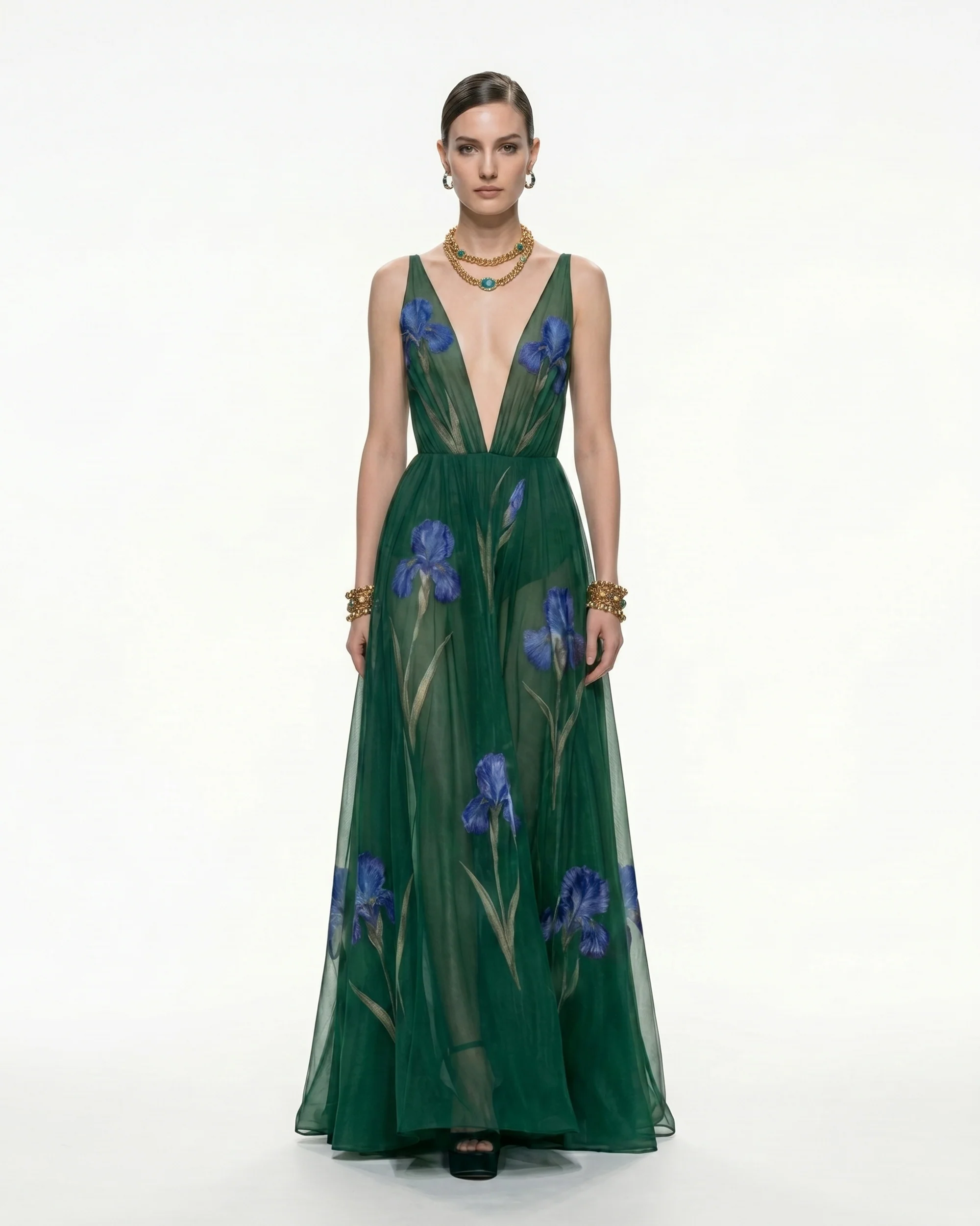 Sheer Floral Print Maxi Dress - Emerald Green
