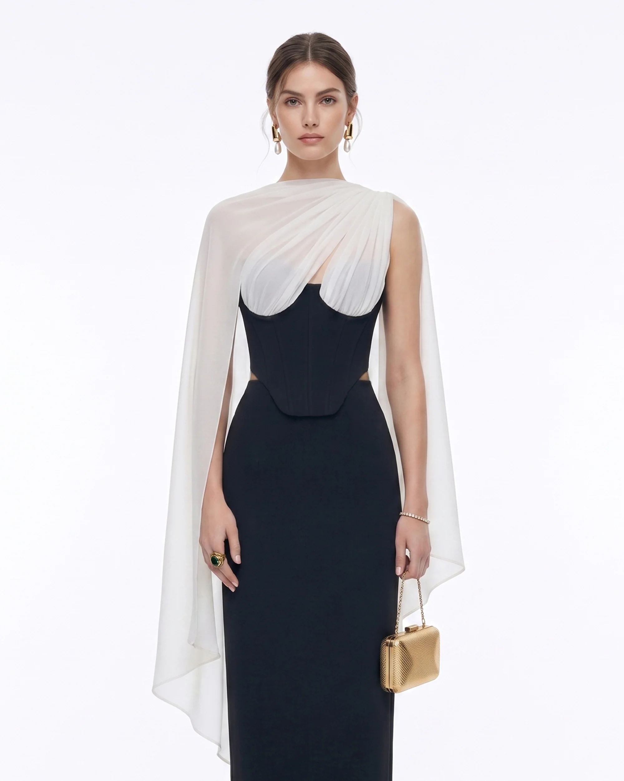 Strapless Corset Sheer Cape Top - Black & White - Image 3