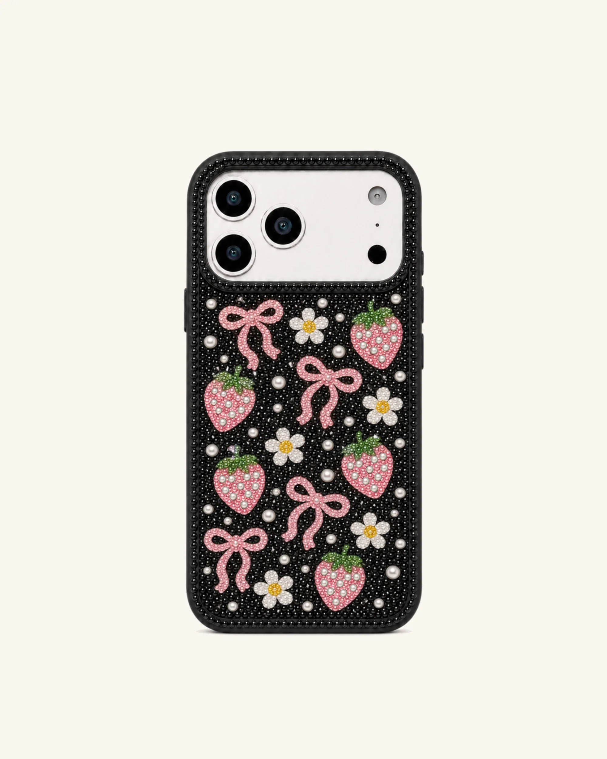 Strawberry Bow Artificial Crystal Phone Case - Black