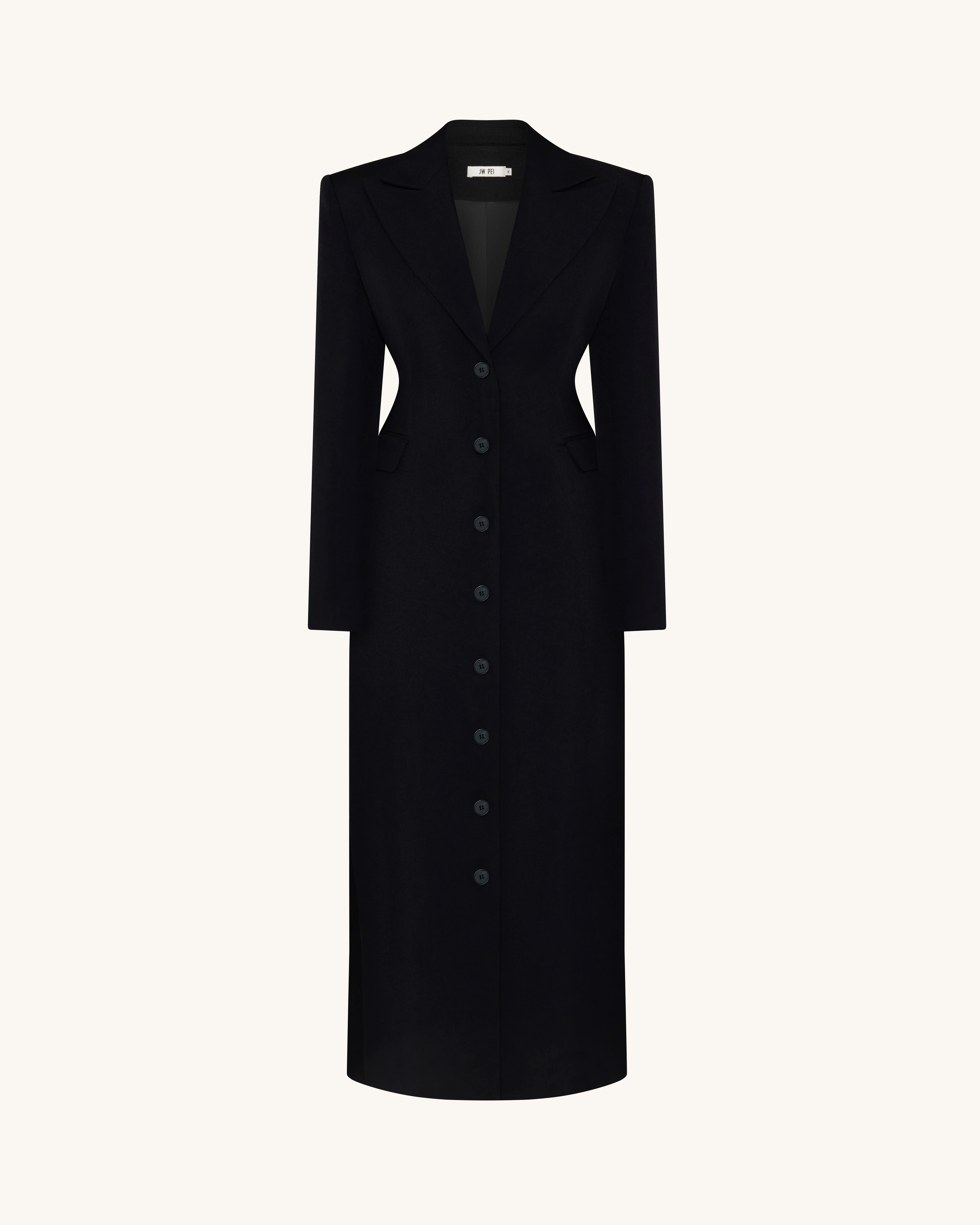 Structured Shoulder Fitted Lapel Maxi Coat - Black - Image 3