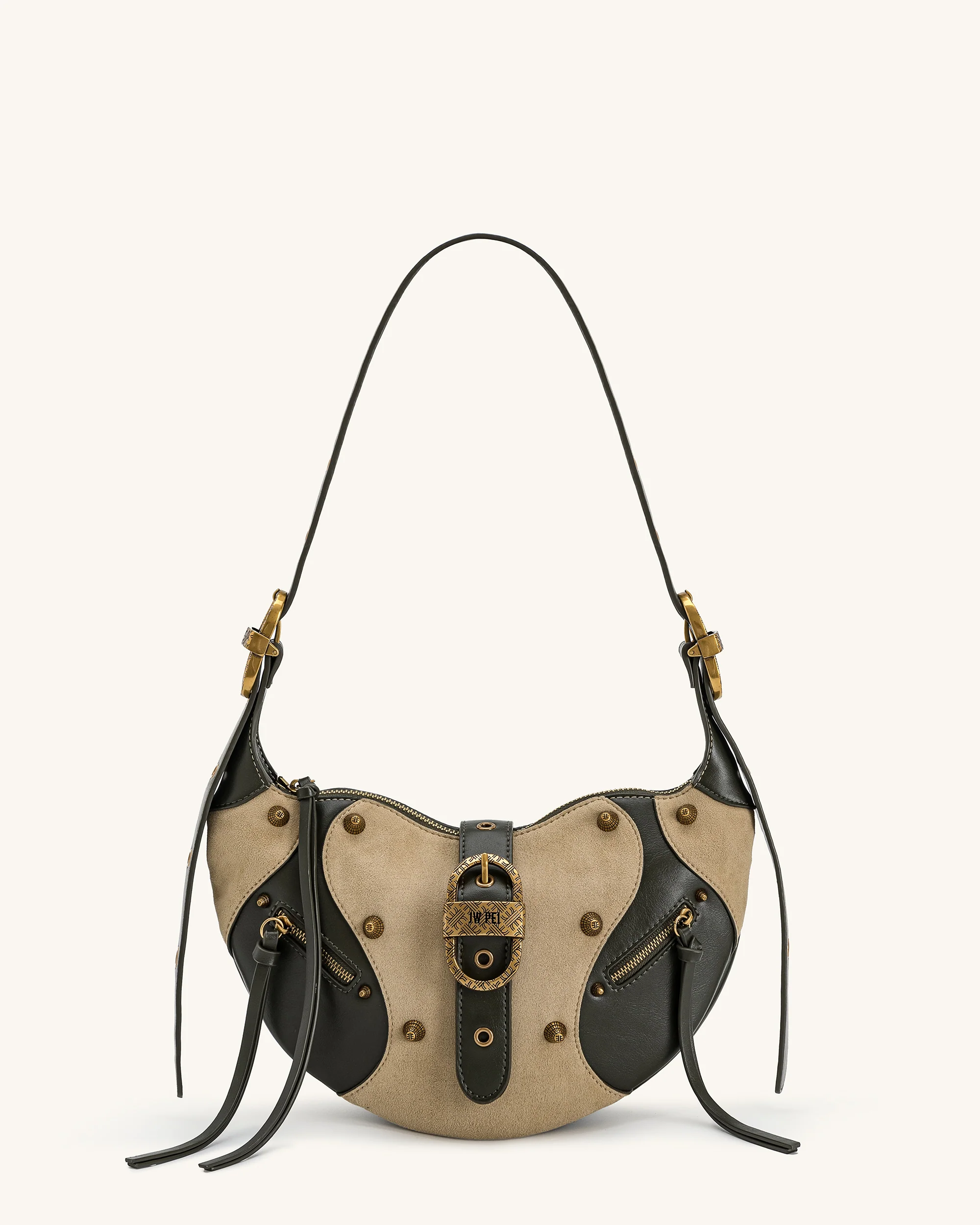 Tessa Faux Suede Studded Shoulder Bag - Khaki Green