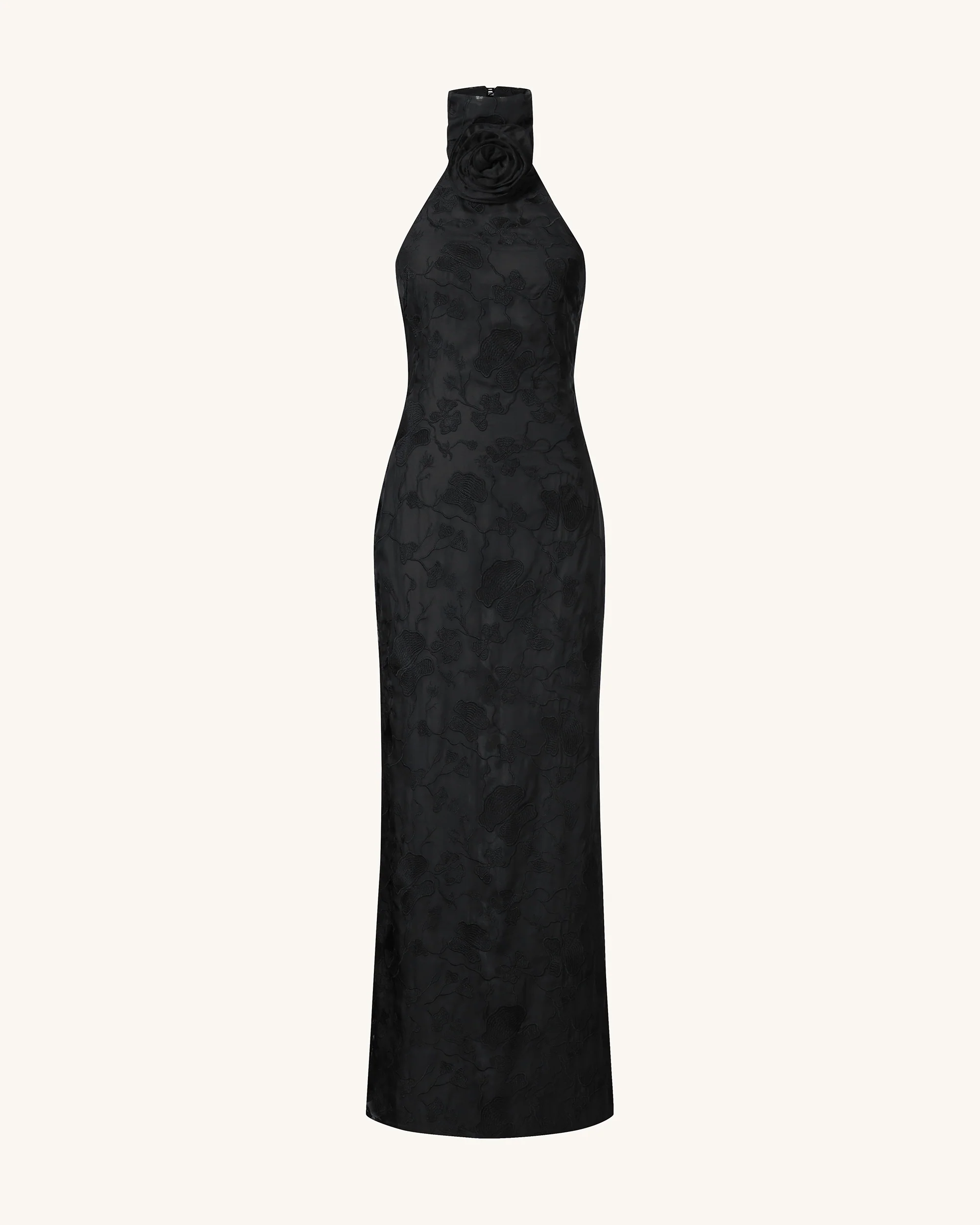 Uliana Black Floral Lace Halterneck Maxi Dress - Black - Image 2