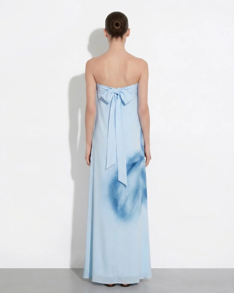Watercolor Floral Print Strapless Maxi Dress - Blue - Image 2
