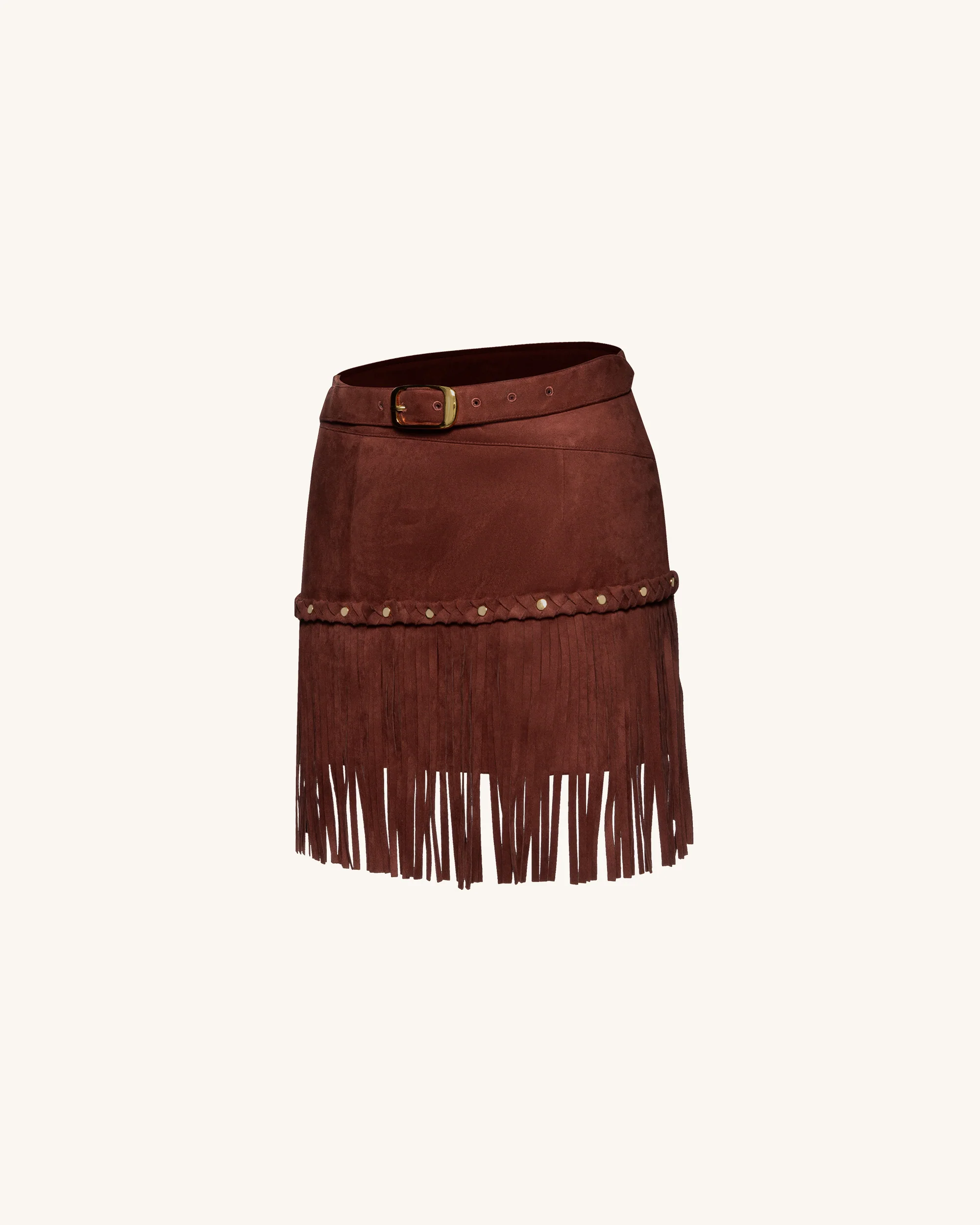 Western-Style Sueded Fringe Skirt - Burgundy - Image 3